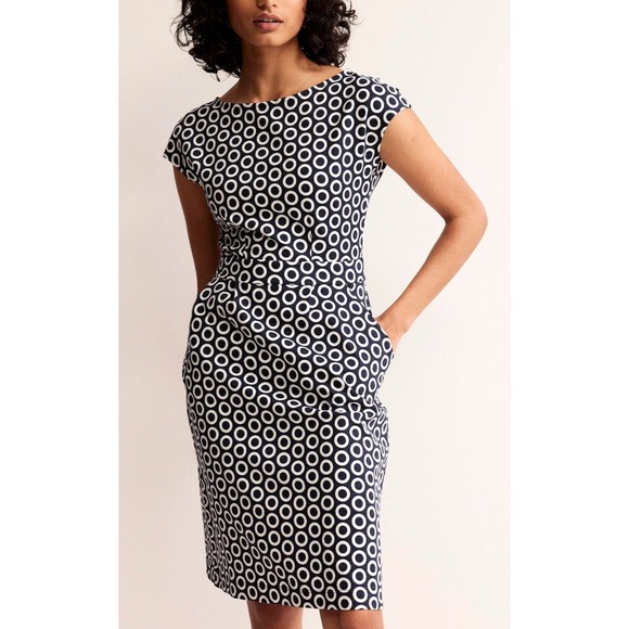 Boden Dresses & Skirts - Boden Navy White Circle Print Cap Sleeve Sheath Dress UK 12 US 8L